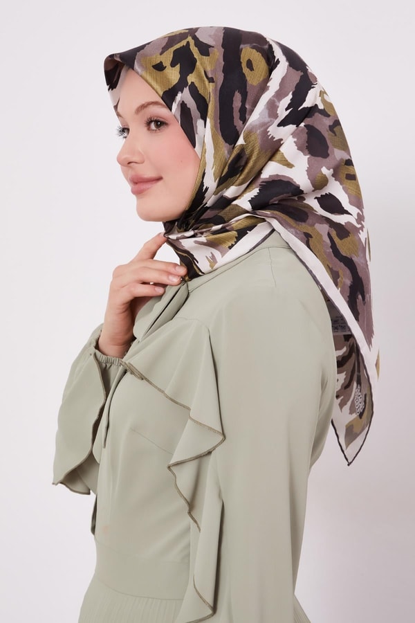 Koyu Vizon Kamuflaj Desen Twill İpek Eşarp