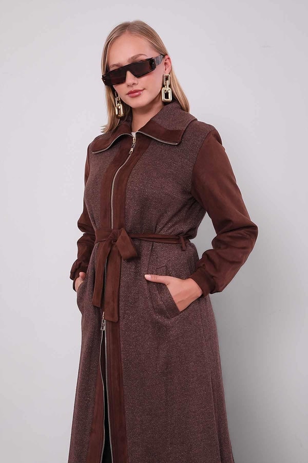 Kahve Bel Bağlamalı Süet Kap