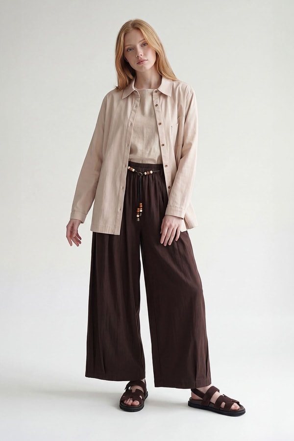 Kahve Boncuk Kemerli Şalvar Model Pantolon