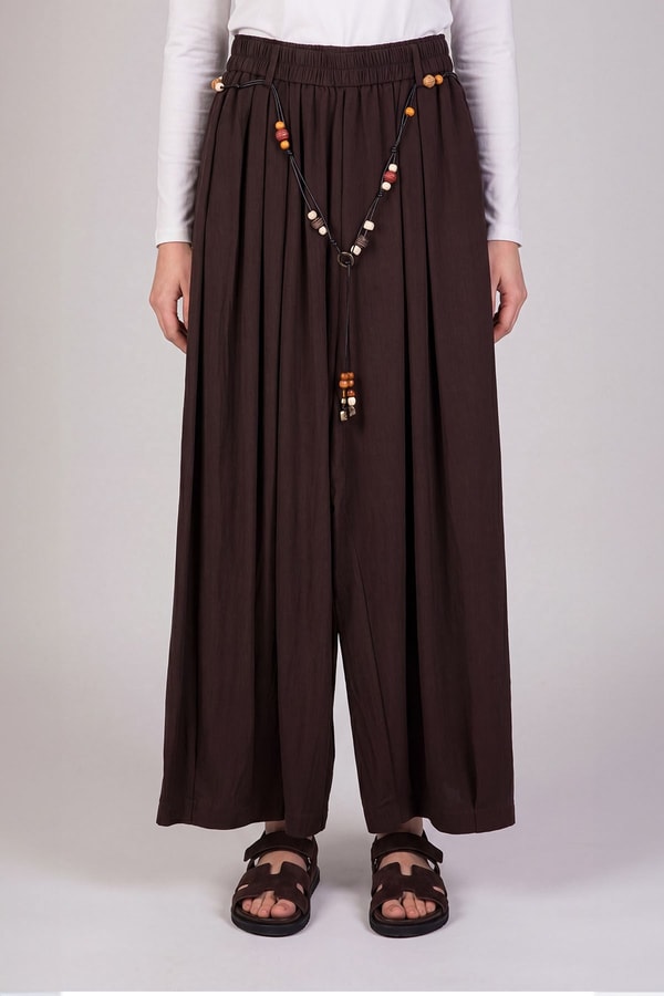 Kahve Boncuk Kemerli Şalvar Model Pantolon