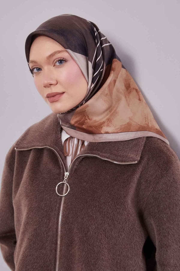 Kahve Desenli Twill İpek Eşarp