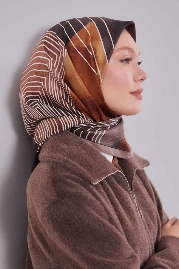 Kahve Desenli Twill İpek Eşarp