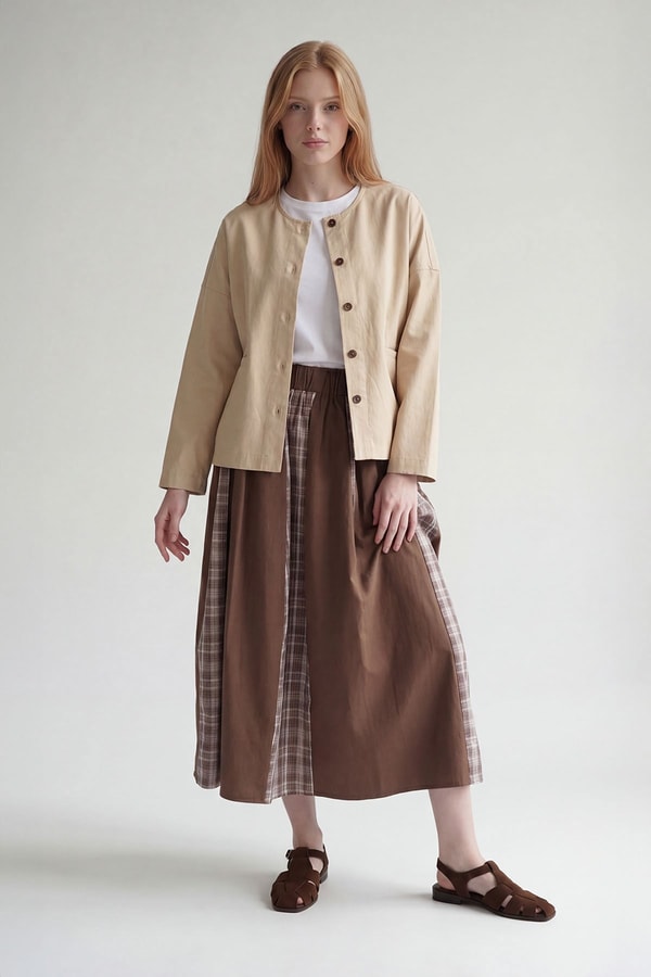 Kahve Ekose Detaylı Bel Büzgülü Etek