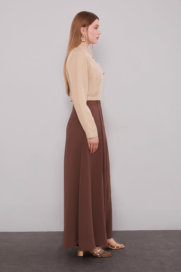 Kahve Geniş Paça Piliseli Pantolon Etek