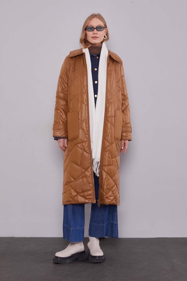 Kahve Geniş Yaka Kapitone Mont