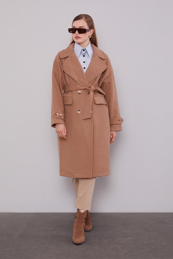 Kahve Kruvaze Yaka Kaşe Kaban