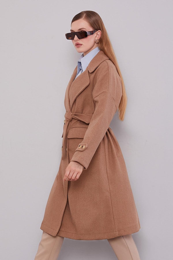 Kahve Kruvaze Yaka Kaşe Kaban