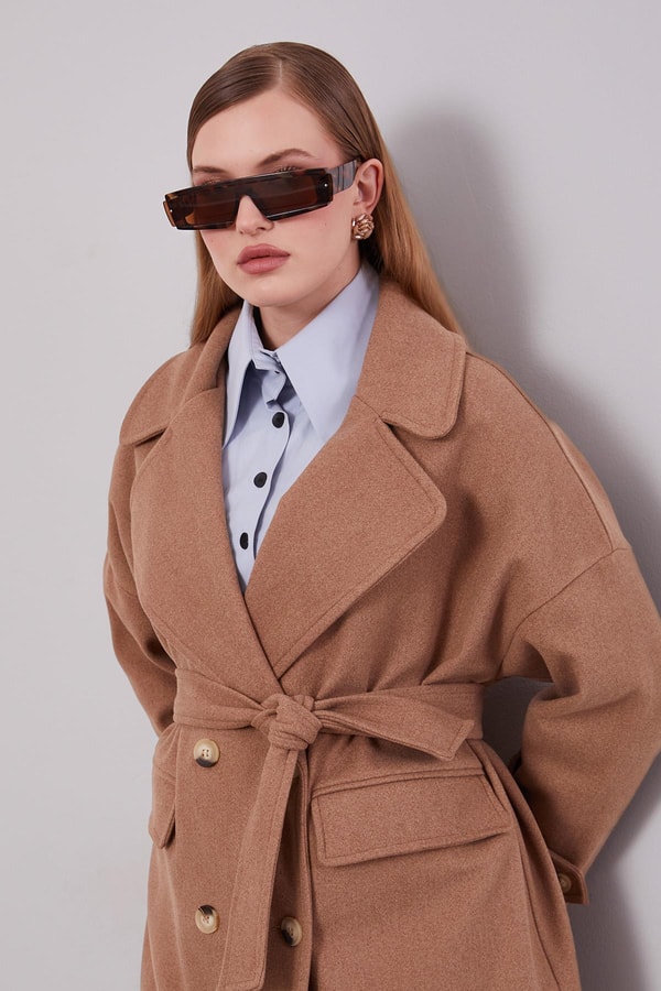 Kahve Kruvaze Yaka Kaşe Kaban