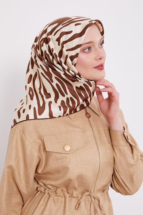Kahve Büyük Leopar Desen Twill İpek Eşarp