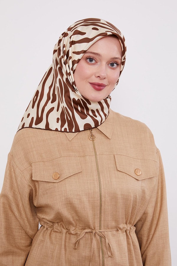 Kahve Büyük Leopar Desen Twill İpek Eşarp