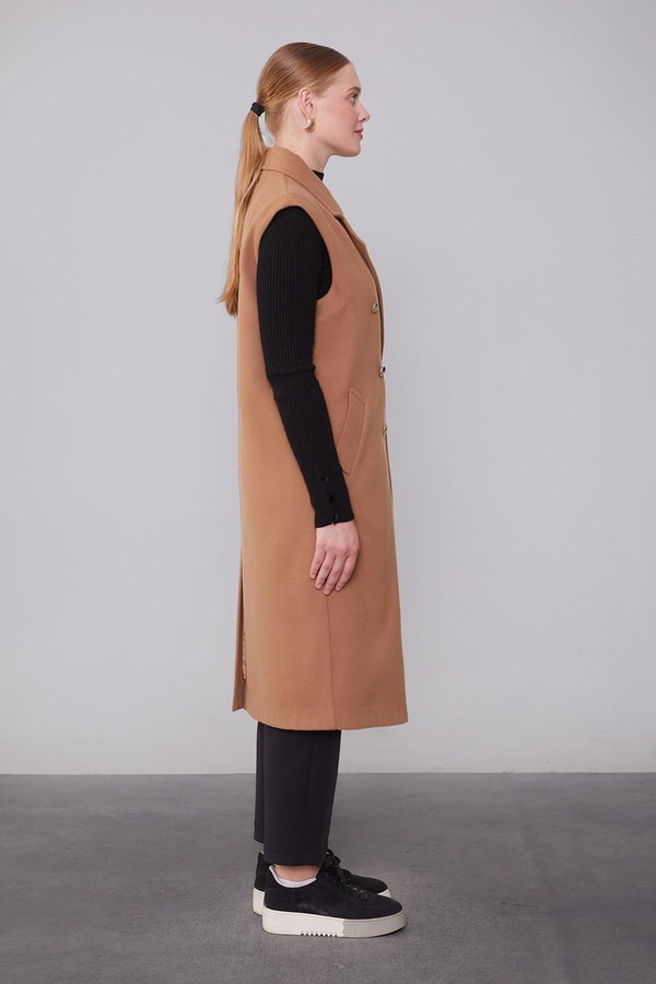 Kahve Maxi Boy Kaşe Yelek