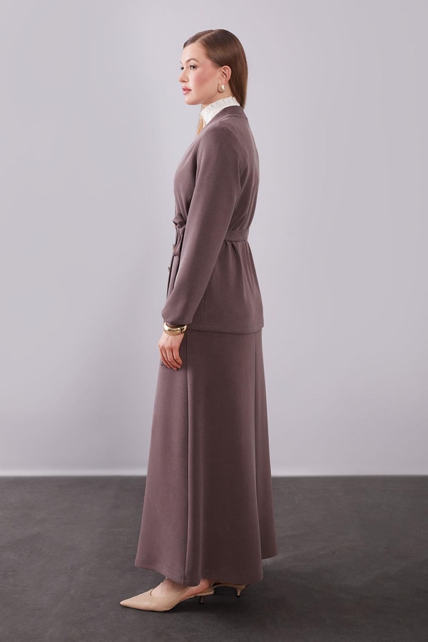 Kahve Yan Bağlama Detaylı Etek Takım