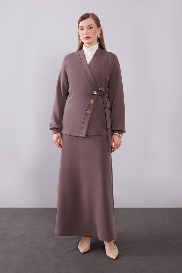 Kahve Yan Bağlama Detaylı Etek Takım