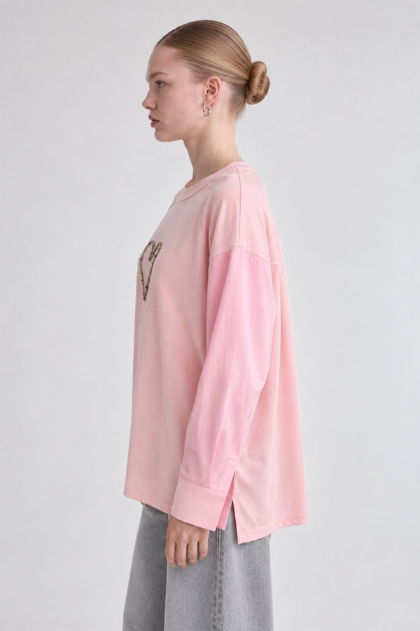 Kalp Detaylı Renk Bloklu Sweatshirt Pembe