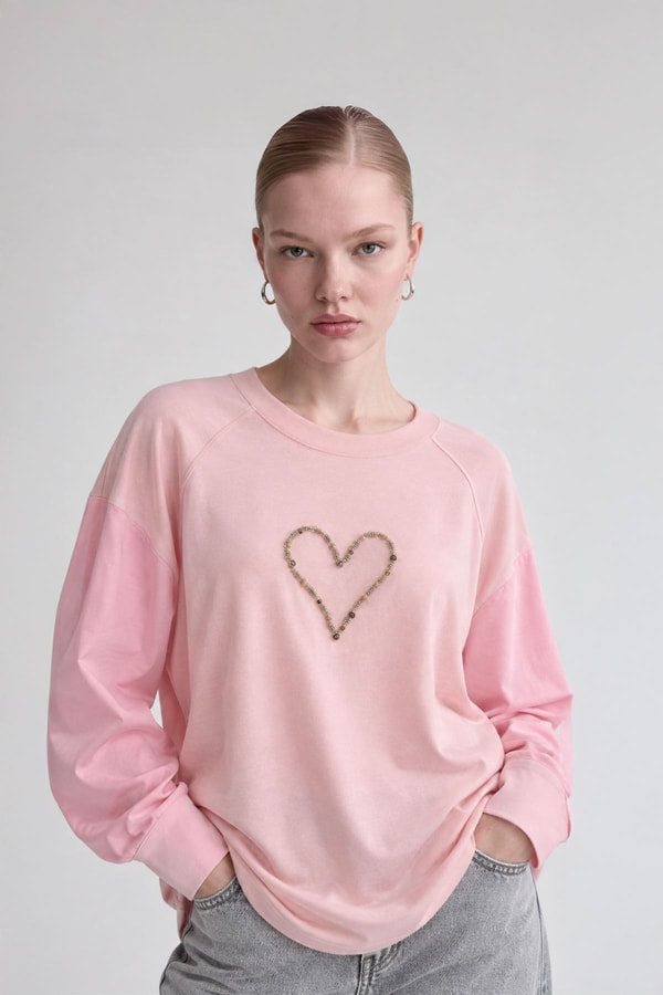 Kalp Detaylı Renk Bloklu Sweatshirt Pembe