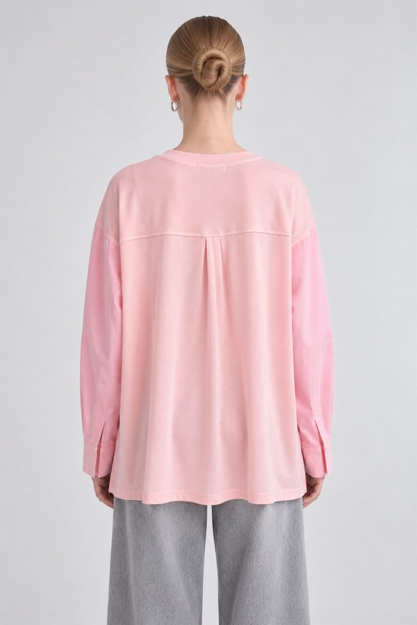 Kalp Detaylı Renk Bloklu Sweatshirt Pembe