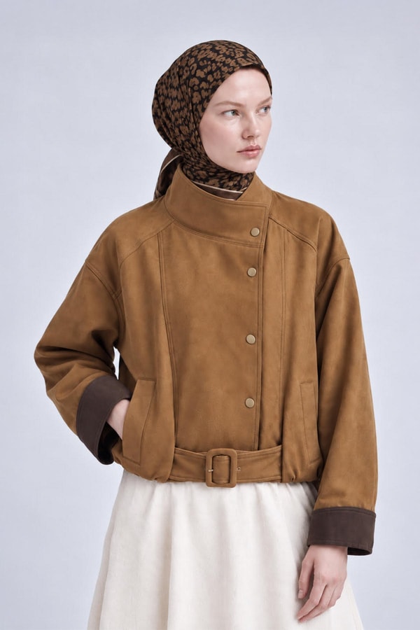 Kemerli Dik Yaka Süet Ceket Camel