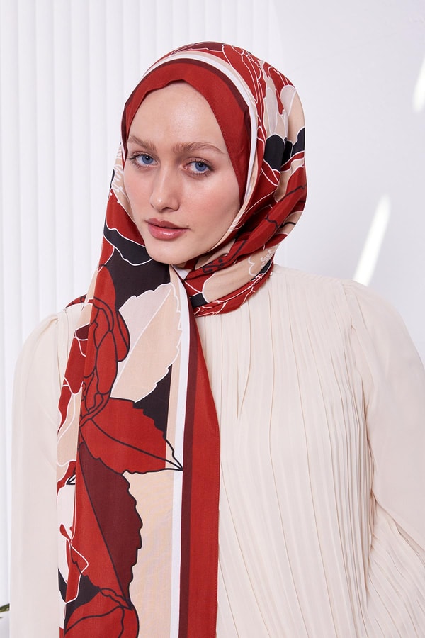 Kiremit Çiçek Desen Royal Şal