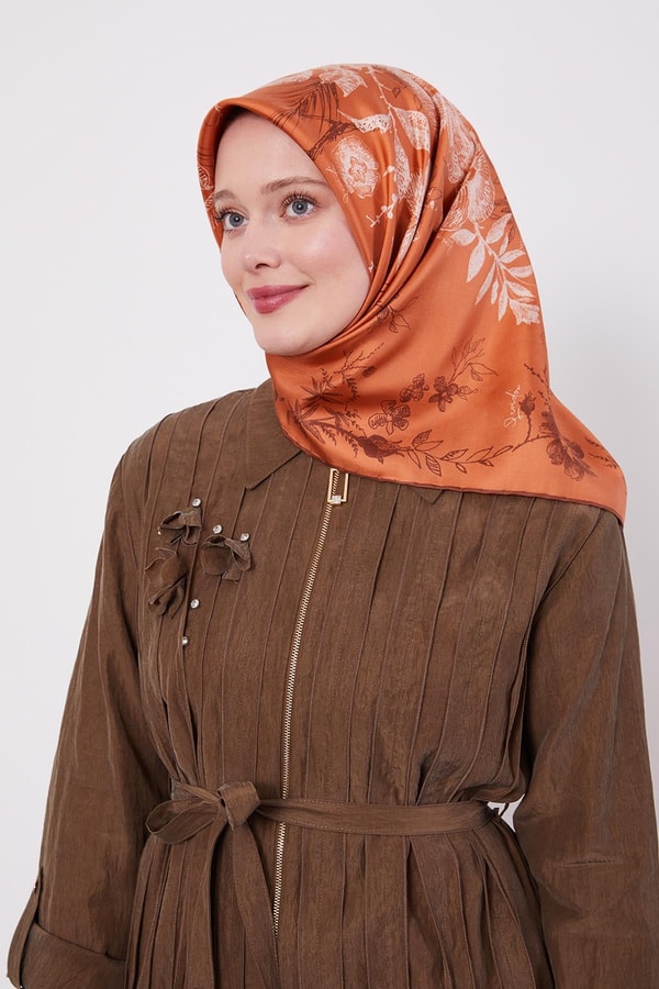 Kiremit Soyut Gül Desen Twill İpek Eşarp