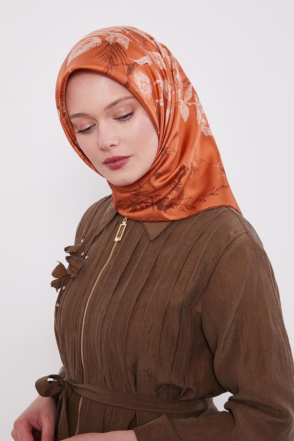 Kiremit Soyut Gül Desen Twill İpek Eşarp