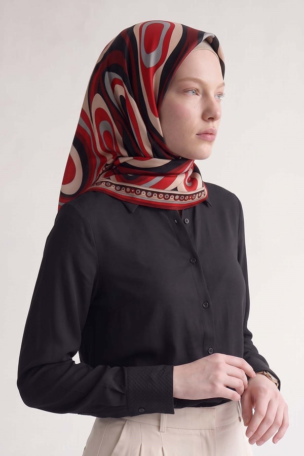 Kırmızı Döngü Desen Marvella Eşarp