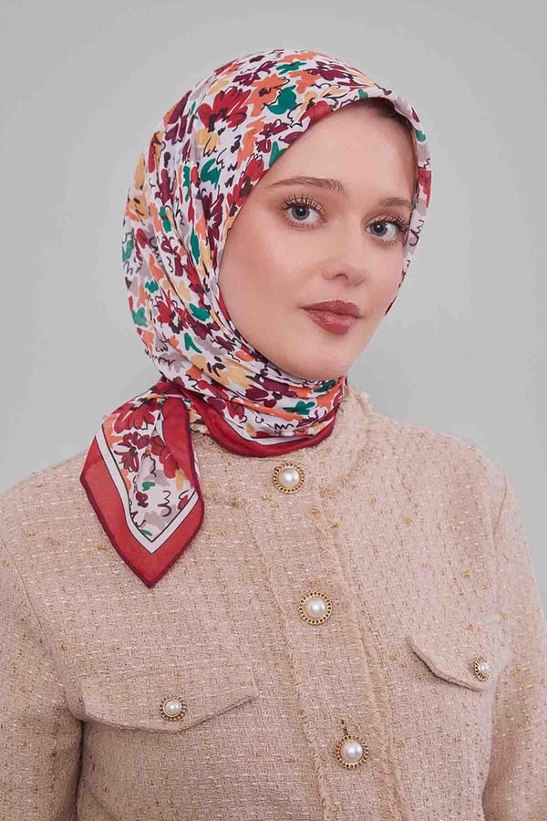Kırmızı Karışık Çiçek Desen Soft Eşarp
