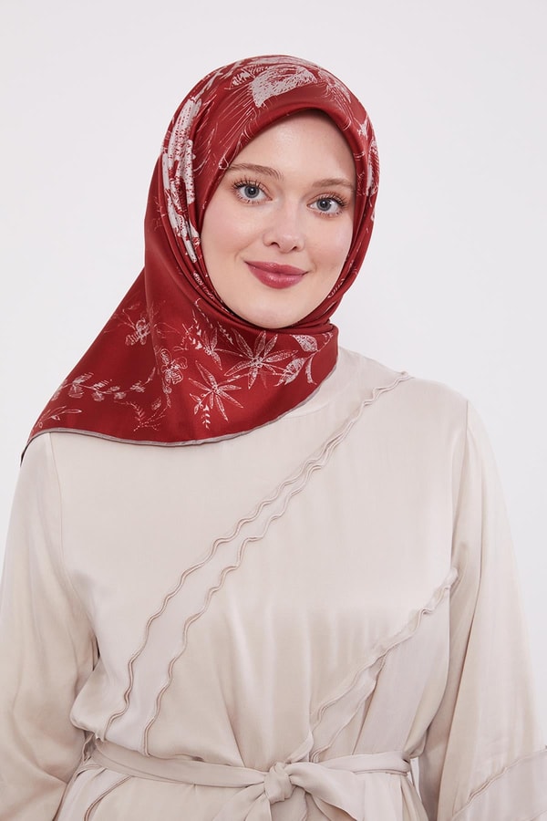Kırmızı Soyut Gül Desen Twill İpek Eşarp