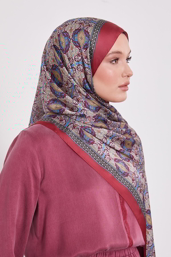 Kırmızı Yansıma Desen Hint İpeği Şal