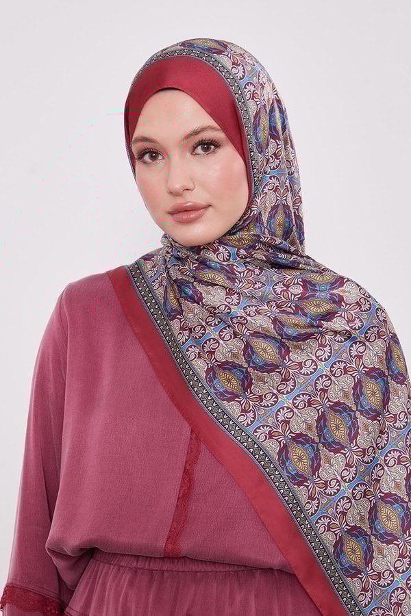 Kırmızı Yansıma Desen Hint İpeği Şal