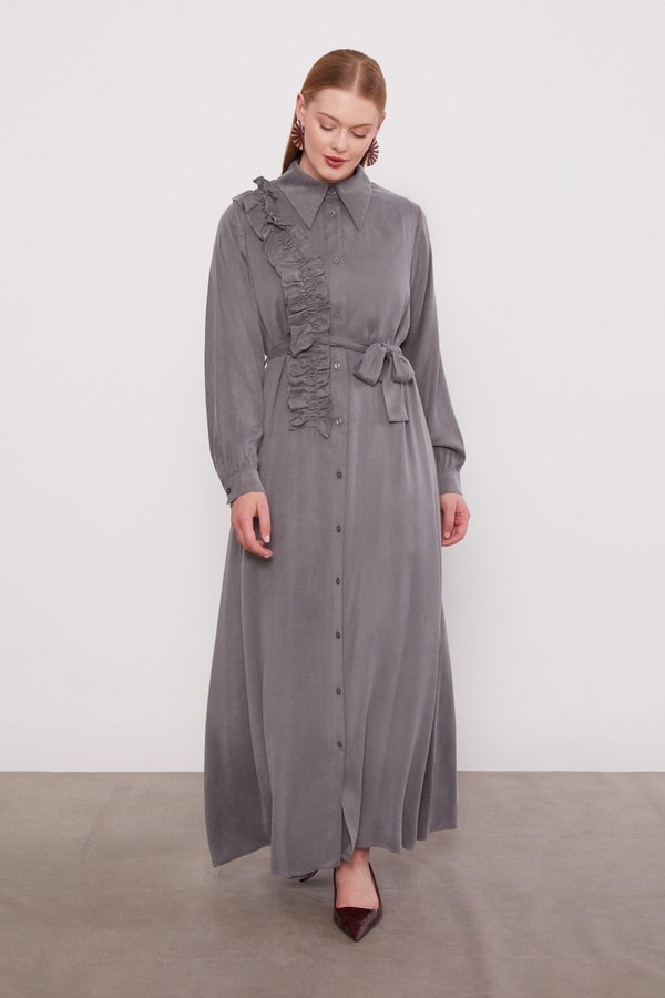 Koyu Gri Düğme Detaylı Cupra Elbise