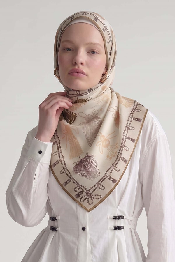 Krem Halat Desenli Marvella Eşarp