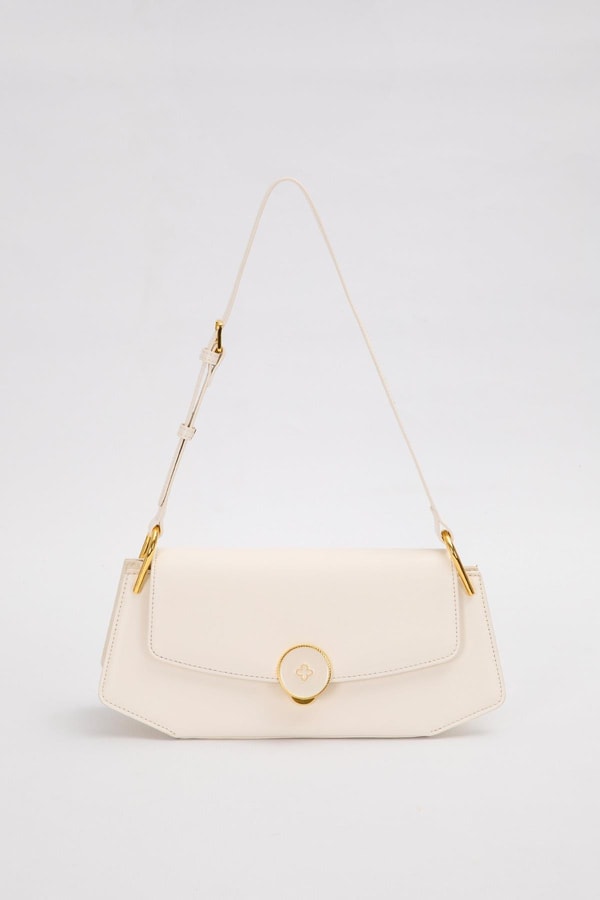 Krem Oval Gold Aksesuarlı Omuz Çantası