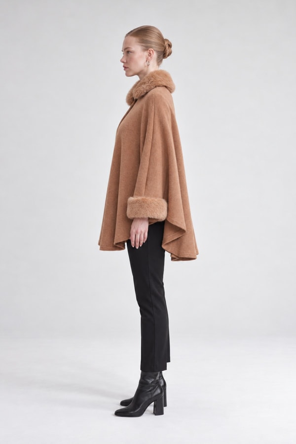 Kürk Detaylı Kaşmir Panço Camel