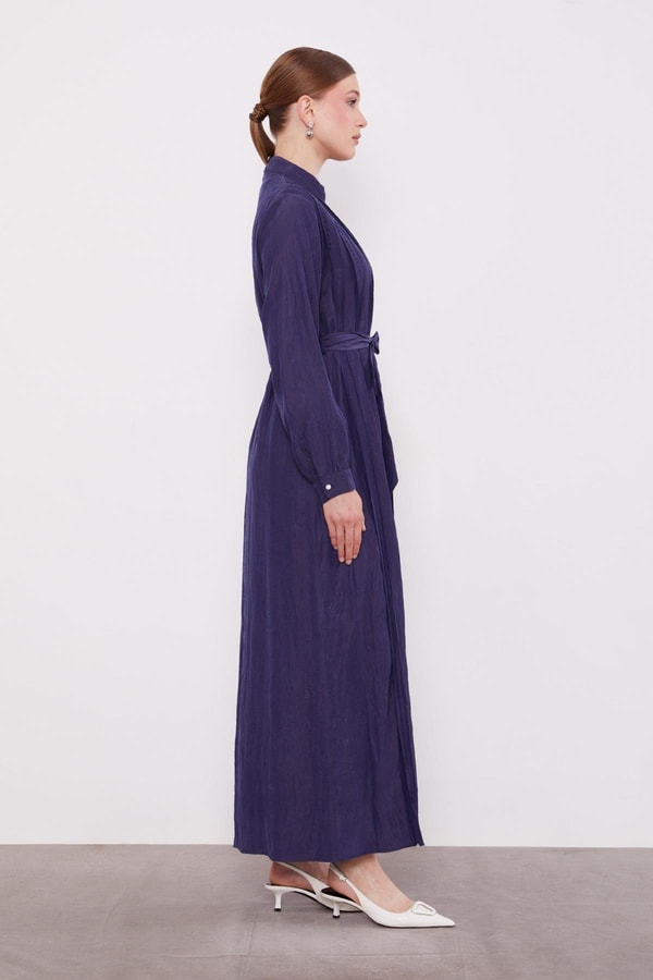 Lacivert Bel Bağlamalı Pile Detaylı Cupra Elbise