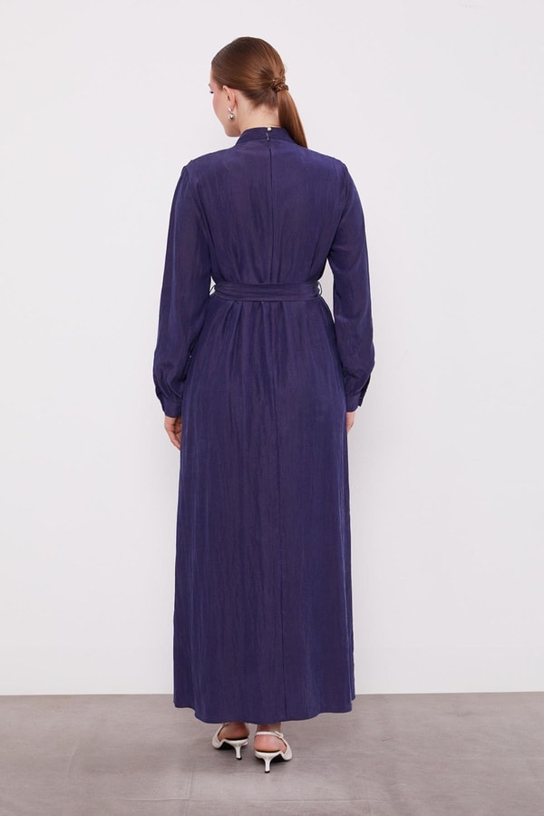 Lacivert Bel Bağlamalı Pile Detaylı Cupra Elbise