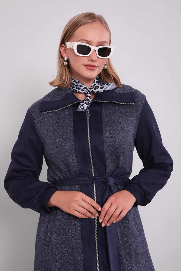 Lacivert Bel Bağlamalı Süet Kap