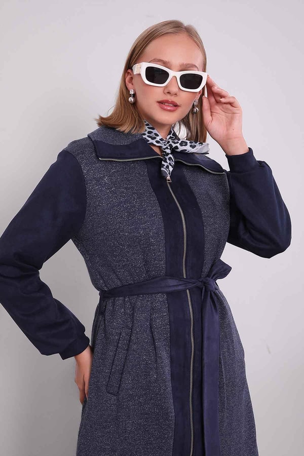 Lacivert Bel Bağlamalı Süet Kap