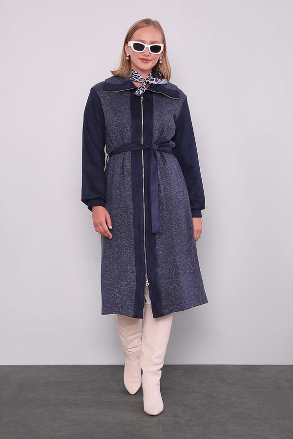 Lacivert Bel Bağlamalı Süet Kap