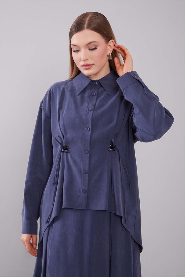 Lacivert Boncuk Bağlama Detaylı Etek Takım