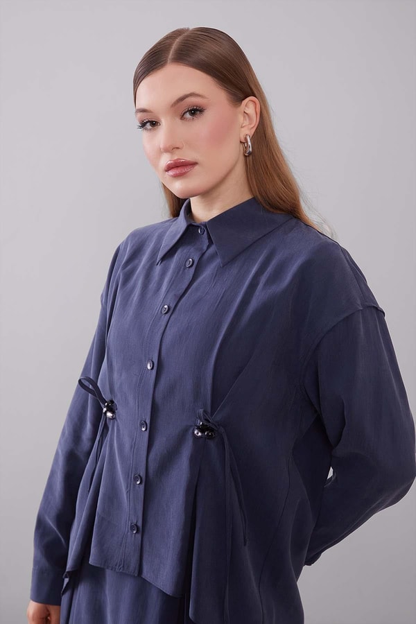 Lacivert Boncuk Bağlama Detaylı Etek Takım