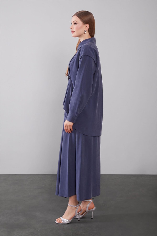 Lacivert Boncuk Bağlama Detaylı Etek Takım