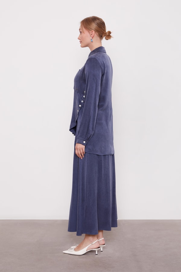 Lacivert Çapraz Düğme Detay Cupra Etek Takım