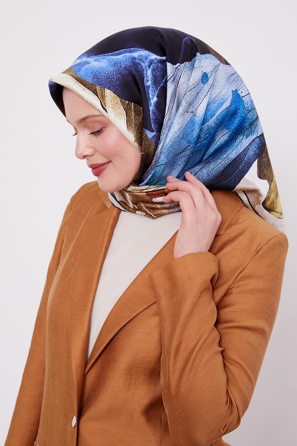 Lacivert Soyut Ebruli Desen Twill İpek Eşarp