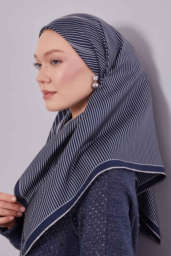 Lacivert - Gri Çizgili Model Twill İpek Eşarp