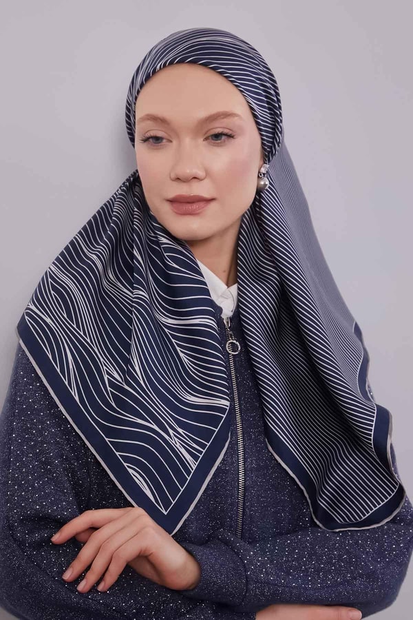 Lacivert - Gri Çizgili Model Twill İpek Eşarp