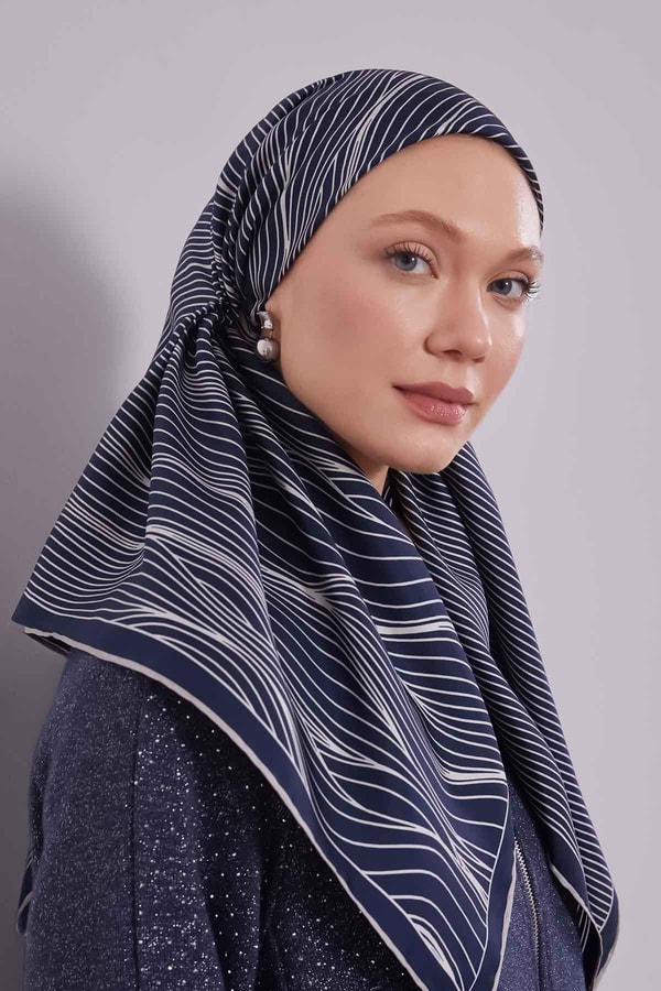 Lacivert - Gri Çizgili Model Twill İpek Eşarp
