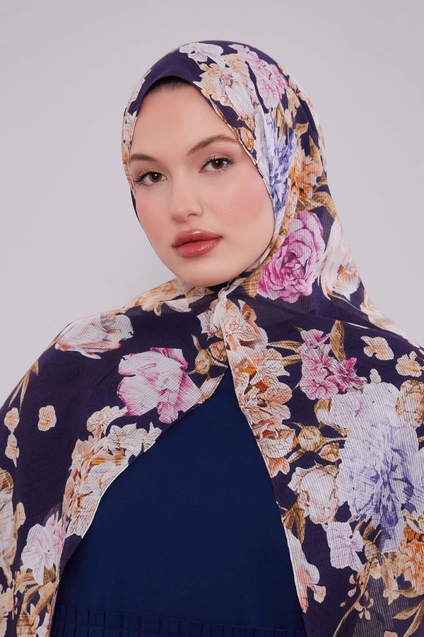 Lacivert Güllü Desen Pamuk Şal