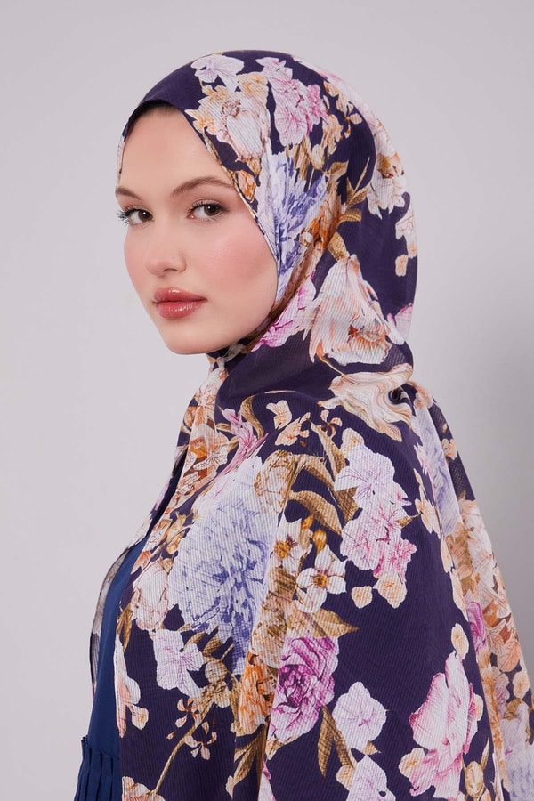 Lacivert Güllü Desen Pamuk Şal