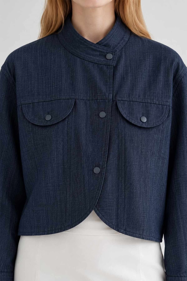 Hakim Yaka Asimetrik Denim Ceket Lacivert