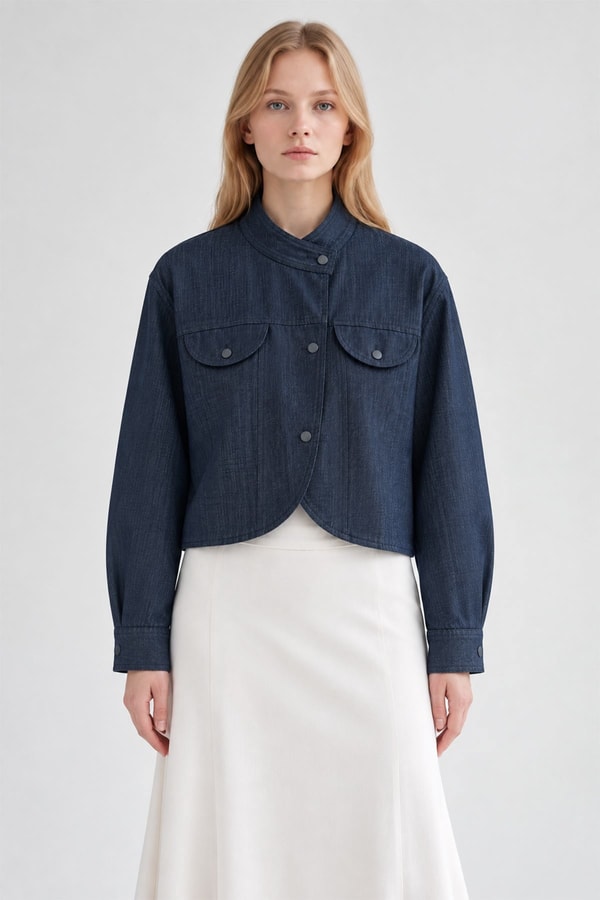 Hakim Yaka Asimetrik Denim Ceket Lacivert